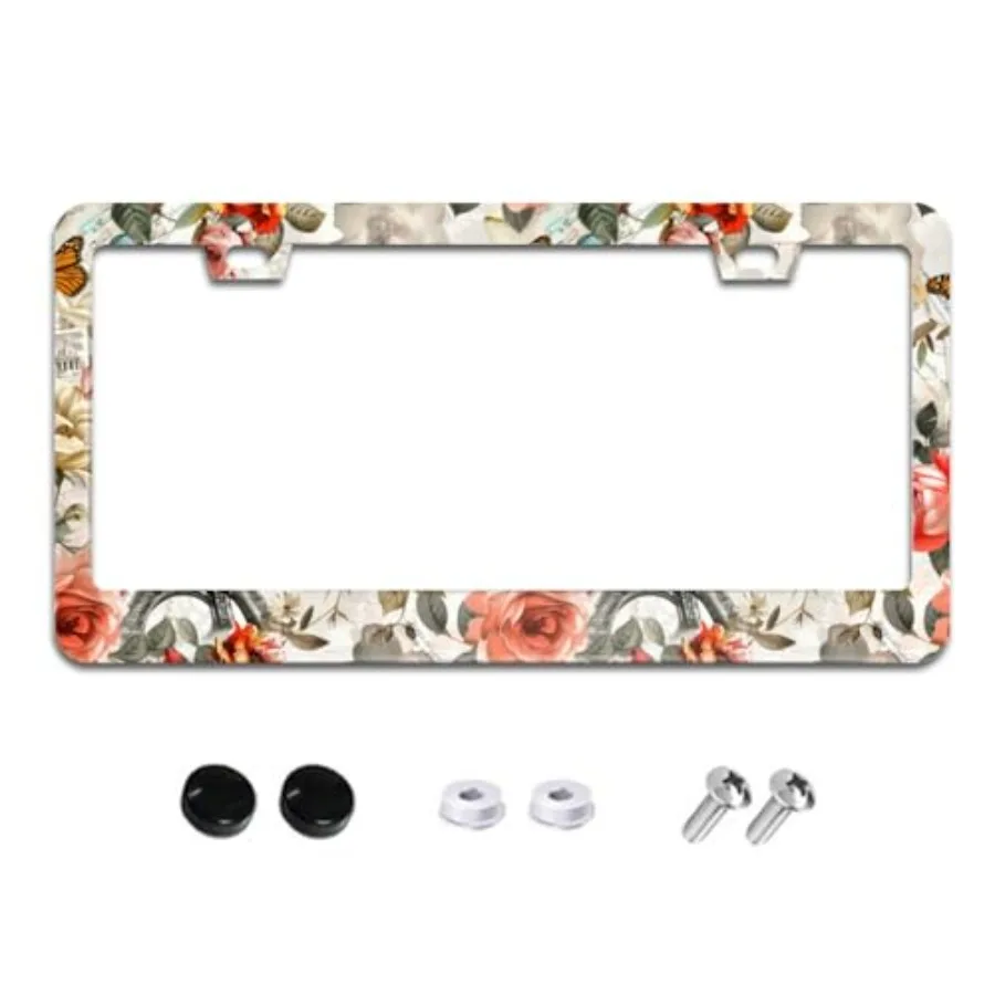 

Eiffel Tower and Flowers License Plate Frames for Women Men Car Plate Holder Cover Metal Tag Aluminum Car Accessories Front Rea