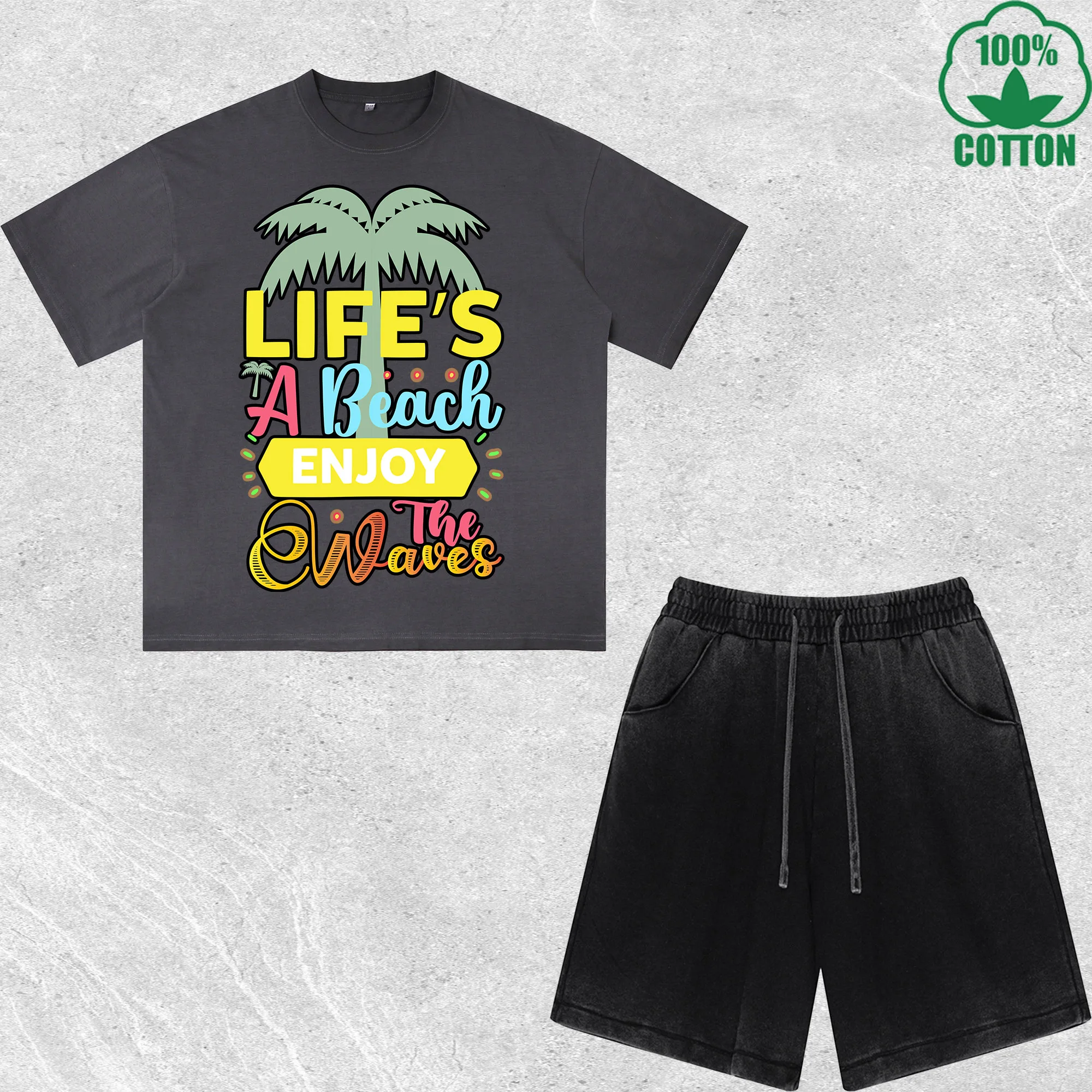 

Life Beach Enjoy the Waves Printed Dirty Wash T-Shirt Shorts Set Multicolor Combo Loose Trendy Fashionable 100%Cotton