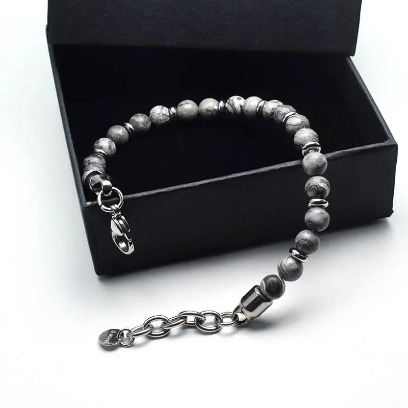 New Matte Map Stone Bracelet Metal Wrist Chain Jewelry Yellow Tiger Eye Volcanic Stone Beaded Bracelet Men Personality Jewelry