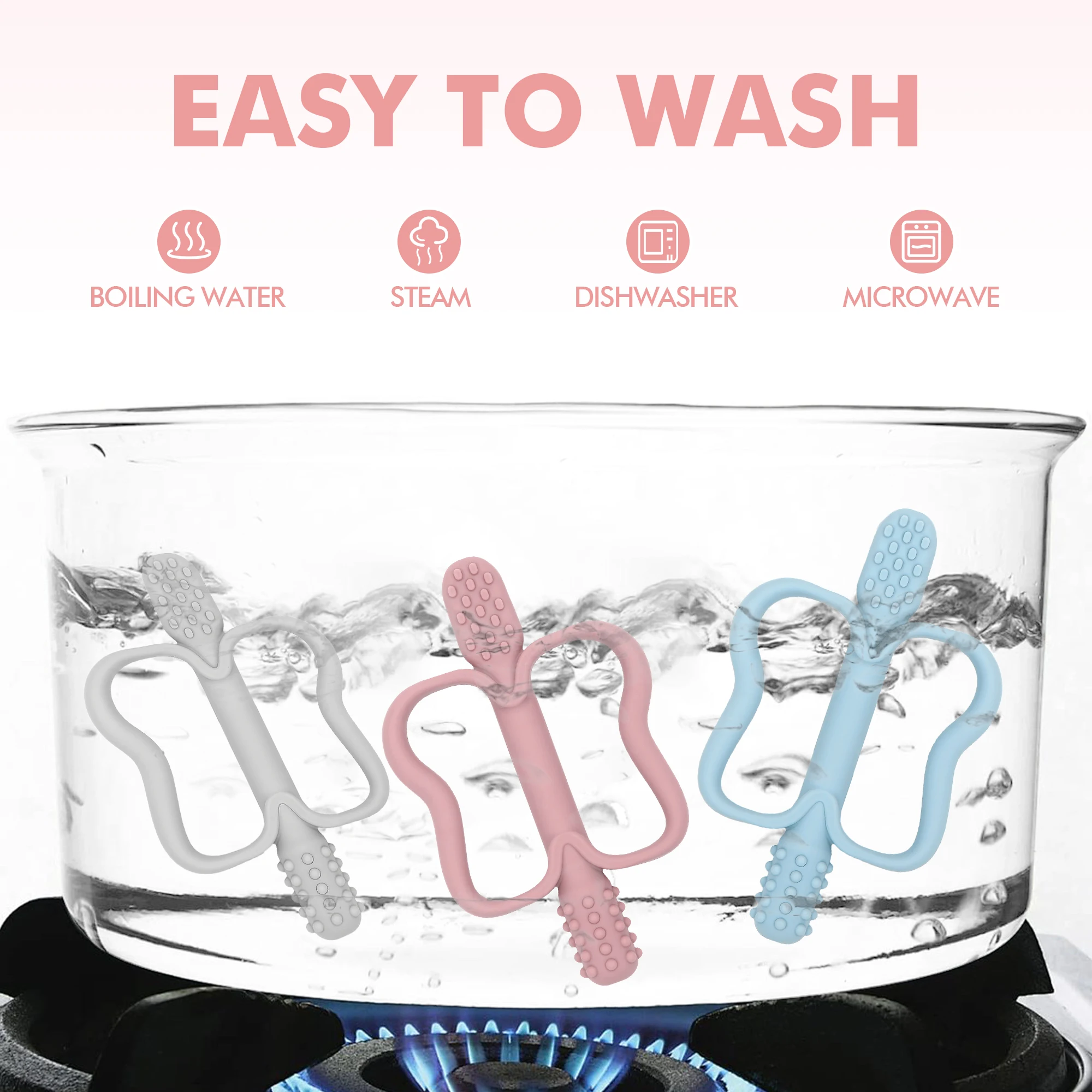 Juguete para la dentición con mango de fácil agarre, cepillo de dientes de silicona para bebé, fácil de limpiar, superficie texturizada de doble cara ayuda en masaje.