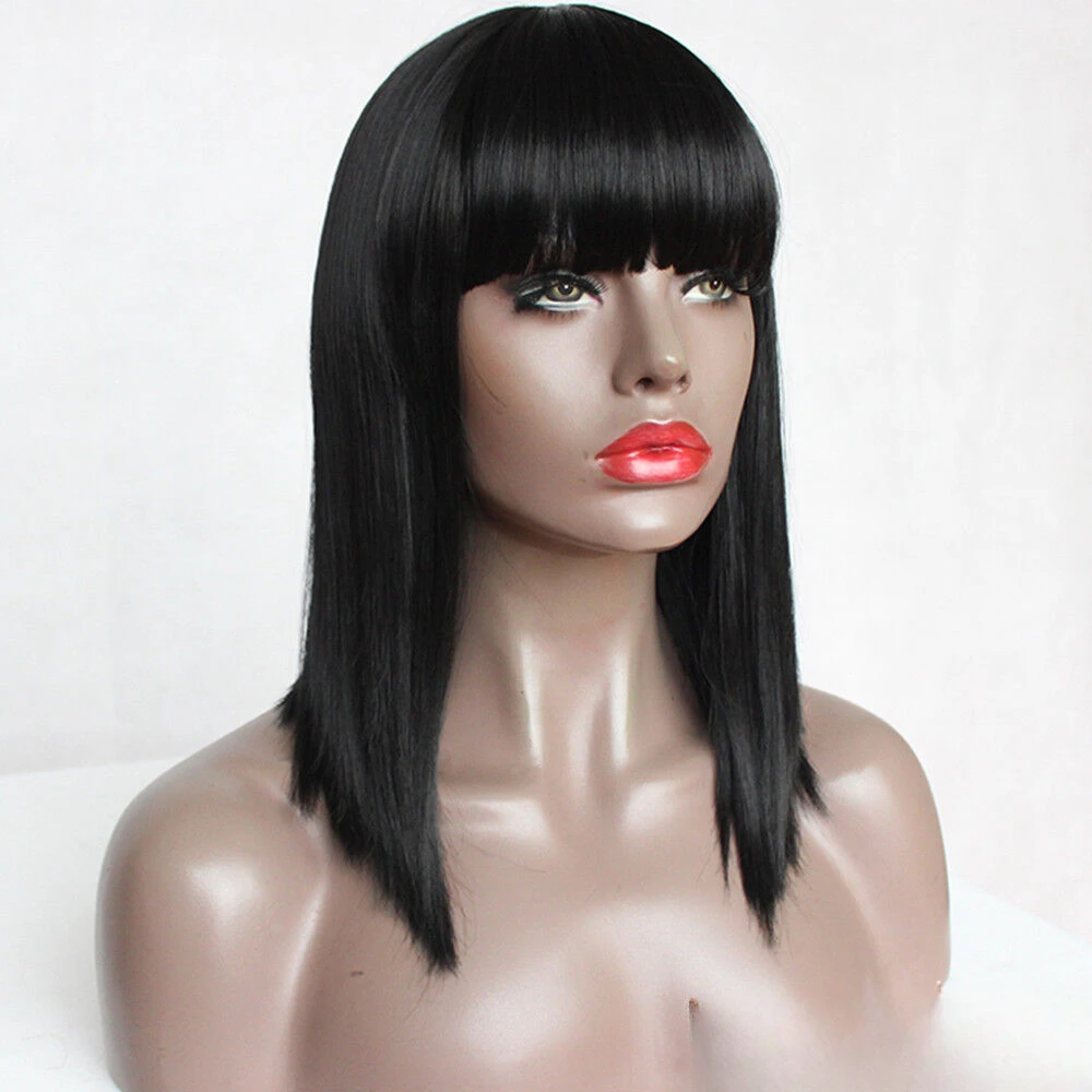 Synthetic Bob  Short Straight Full Black  with Bangs for Women Fashion Wig