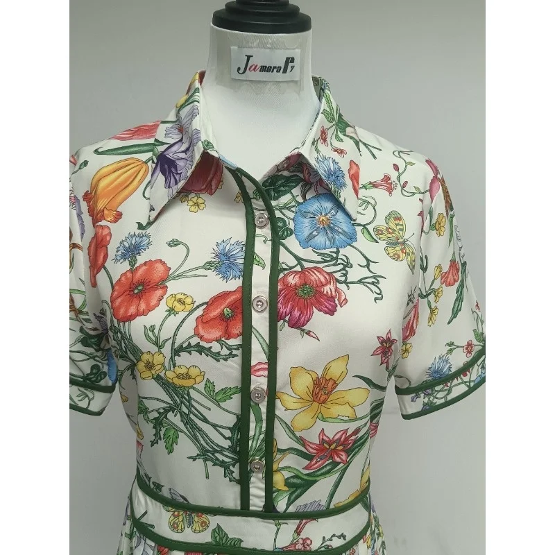 Fashion Floral Print Elegant Summer Pleated Midi Long Dress Shirt Street Casual Lady Office Work Dresses