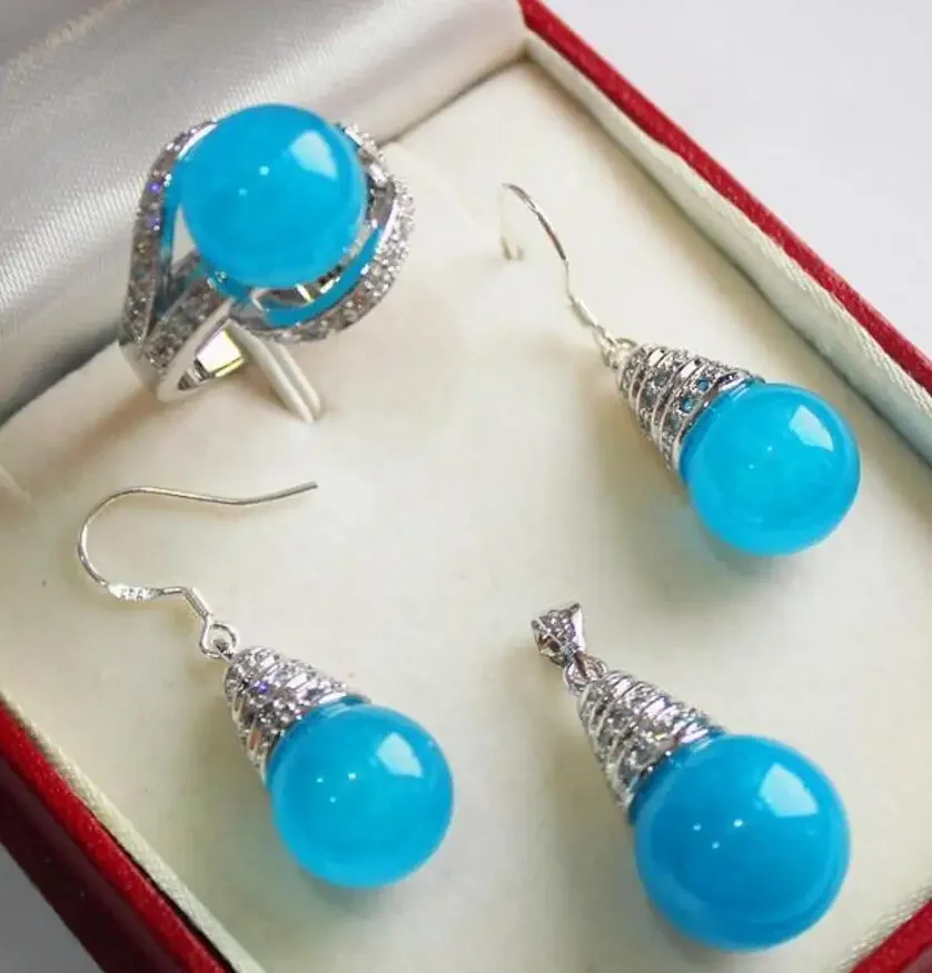 

Горячий! Красивые новые ювелирные изделия с серебряным покрытием + кулон из синего нефрита 12 мм, серьги, комплект колец