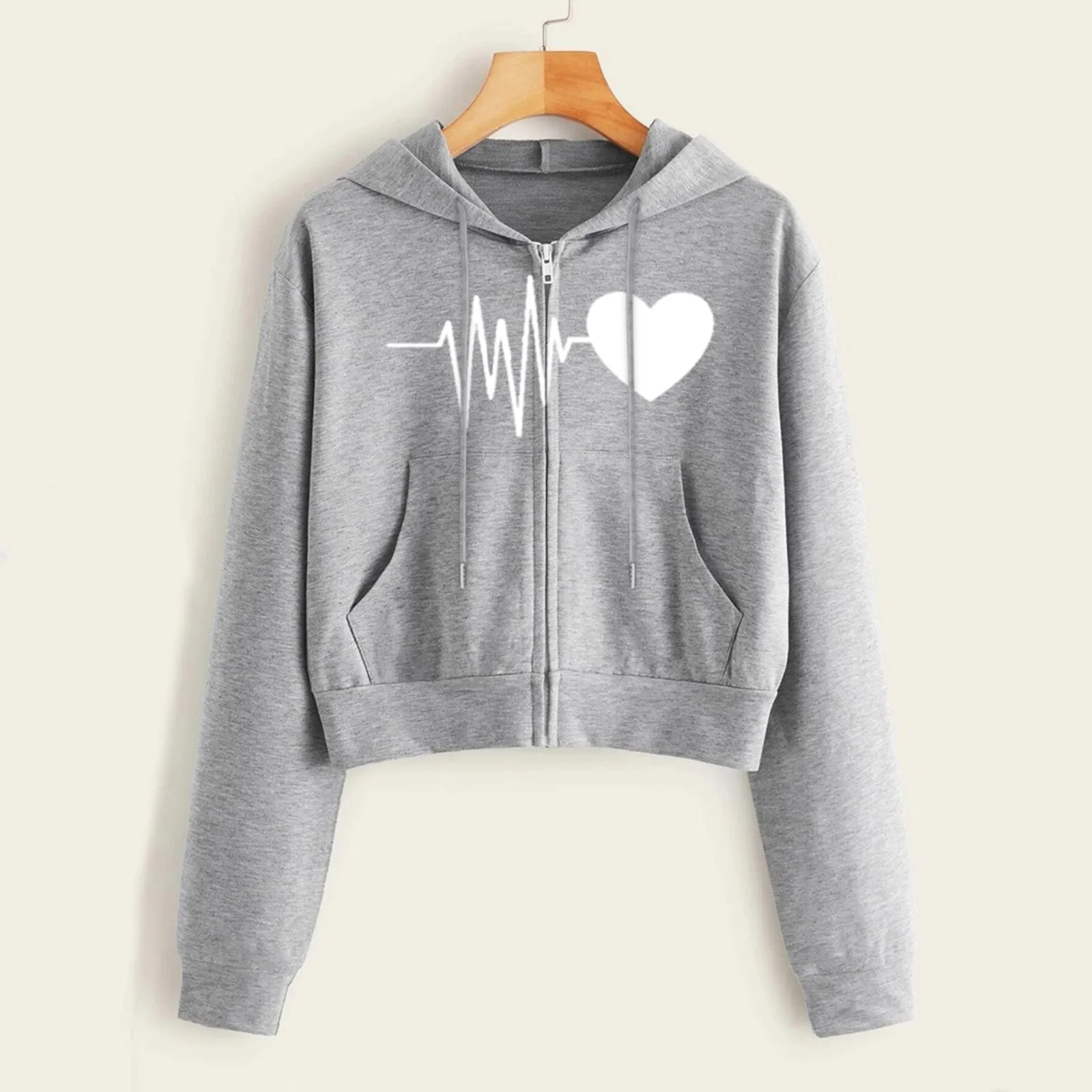 

Women Sweatshirt Heart Shaped Pattern Printing Hoodie Solid Front Pocket Pullover Long Sleeve Leisure Top Micro-elastic Sweatshi