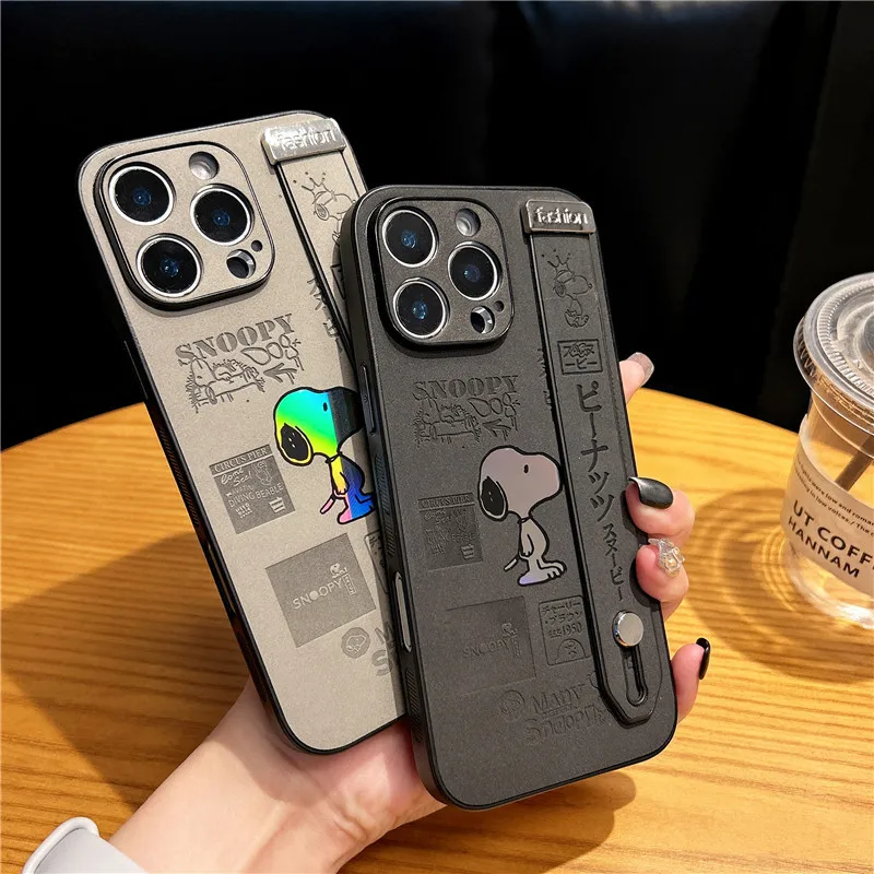 

Hot Peanuts Snoopy Emboss Laser Phone Case for iPhone 11 12 13 14 15 16 17 Pro Max Plus 17Pro Air Leather Wrist strap Cover