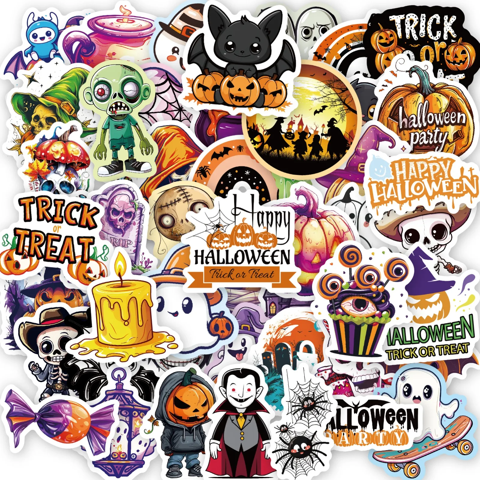 50 Pcs Halloween Stickers Trick or Treat Spooky Pumpkin Skull Ghost Waterproof Decals for Laptop Phone Notebook Party Decor