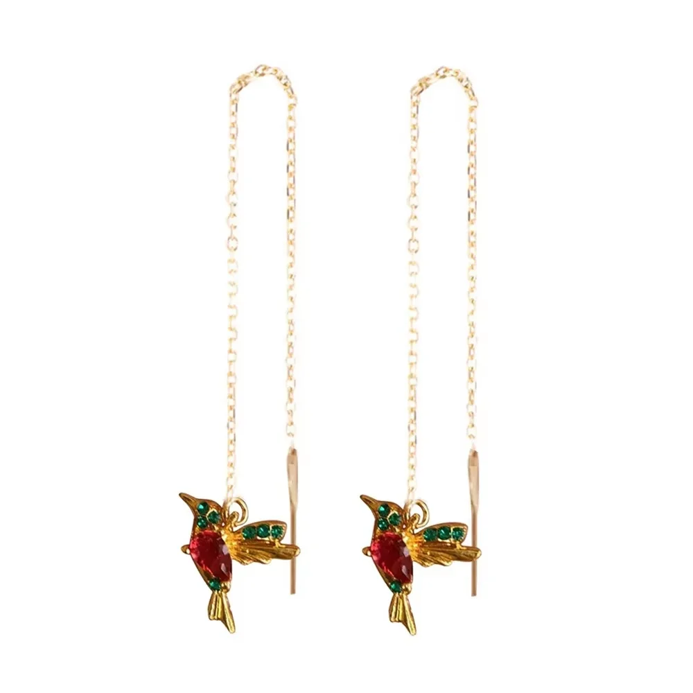 Beija-flor vermelho cz brincos longos para mulheres cor de ouro metal pedra verde vermelho cz asa espalhando gota brinco festa de casamento jóias