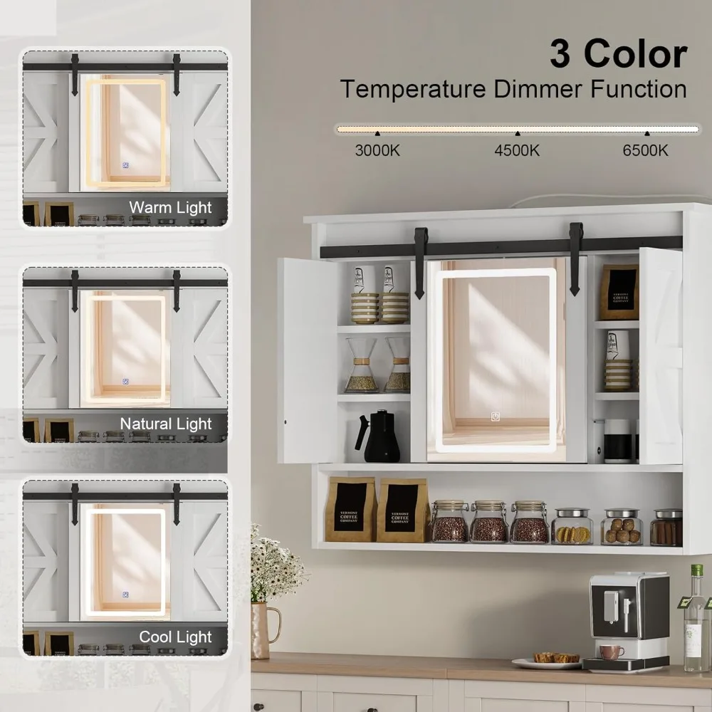 バスルーム用のスライド式納屋ドア付き照明付きミラー薬箱、3色LEDメモリ照明