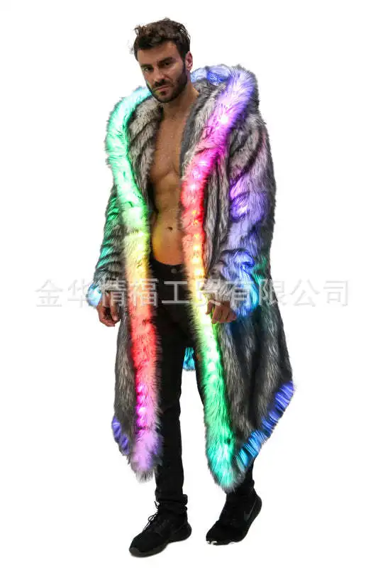 가짜 모피 코트 남자 후드 겉옷 편안한 두꺼운 겨울 따뜻한 롱 자켓 LED 무대 댄스 파티 코스프레 의상 오버 코트