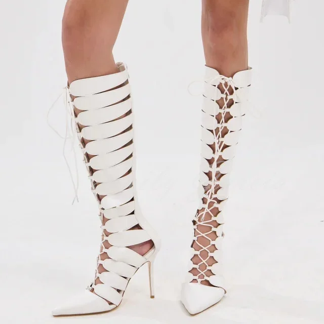 

White Leather Cut-Out Knee High Boot Women Pointed Toe Stiletto Heel Self-Tie Front Closures Back Zipper Chic Style Long Boot