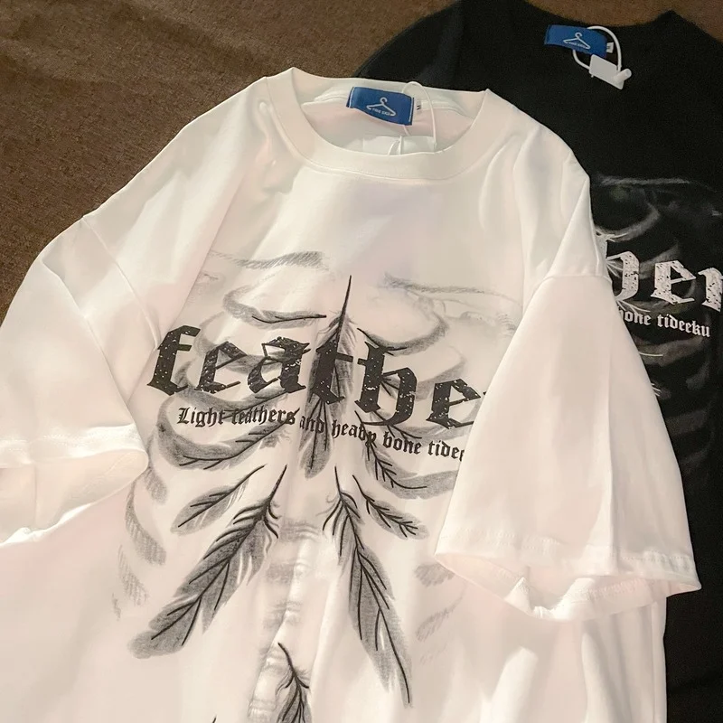 2022 Summer Oversized T-shirt Female Light Featber Skull Bones Print Short Sleeve Streetwear Harajuku Gothic Summer Women Tops