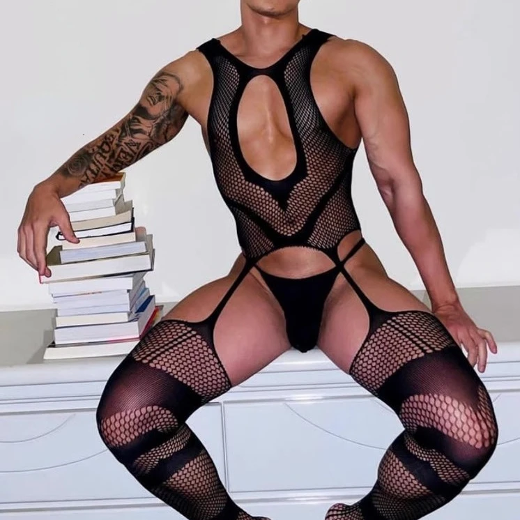 2024 Cool Gentlemen Sleepwear Men\'s Bodystockings Erotic Bodysuits Sexy Pantyhose Male Lingerie Husband Black Fishnet Pajamas