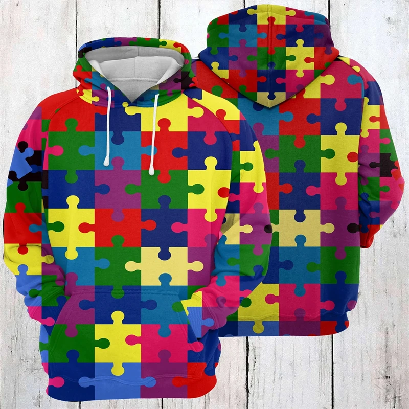 Men's Hoodies 3D Prints Colorful Puzzle Graphic Sweatshirt Drawstring Sportwear Long Sleeve Street Pullover Y2k Men's Clothing