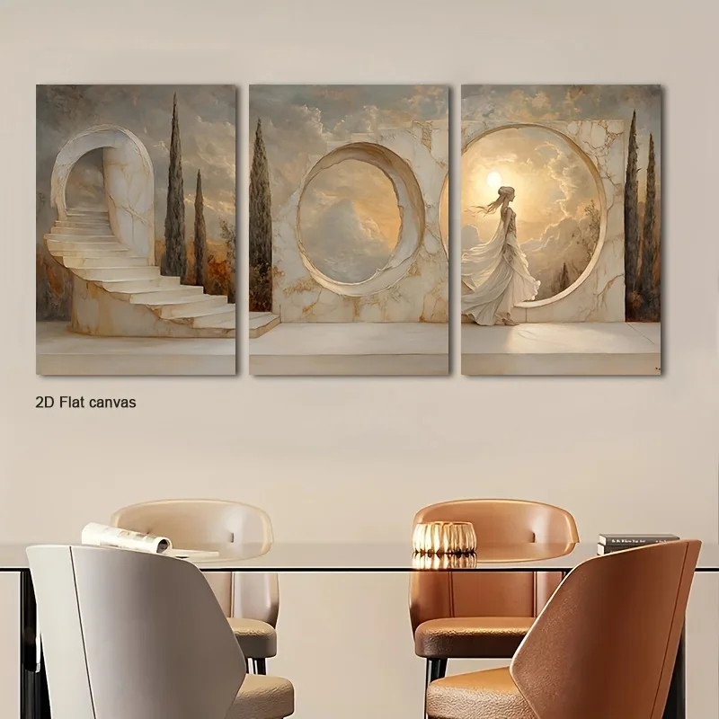 Frameless canvas [2D Flat] 3pcs Marble Arches & Gowned Woman Canvas Wall Art | Suitable For Room, Office, Home, Wall Art, Bat
