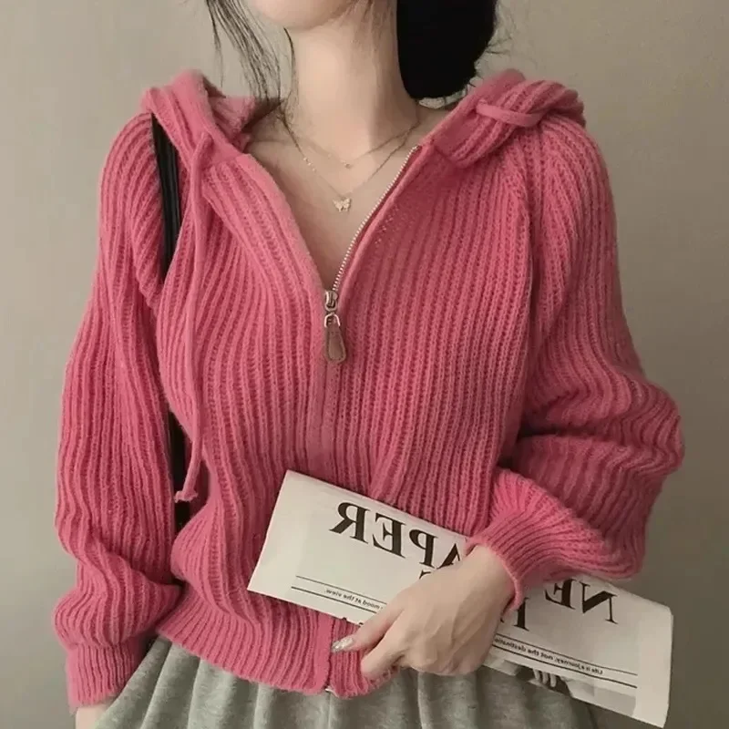 Fashion Chic Zip Up Cardigan Knit Top Female Hooded Jumper Women Long Sleeve Sweater Korean Style Casual Outerwear Woman