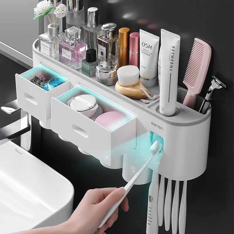 Punch-free Toothbrush Holder  Magnetic Adsorption Inverted Cup Holder  Automatic Toothpaste Squeezer  Bathroom Shelf