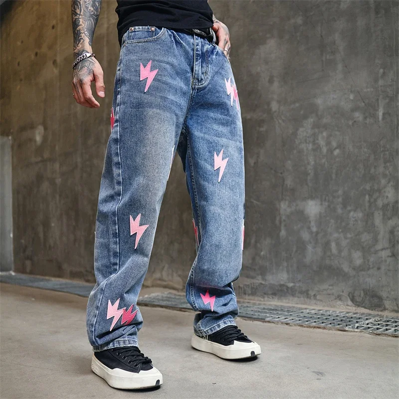 Hip-Hop Harajuku Men's Baggy Jeans Streetwear Design Lightning Pattern Loose Straight Denim Pants Washed Fashion Wide Trousers