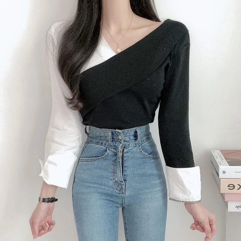 

Ele Early Spring Cross V-Ne Color Blo Design Loose Long Sve irt Women's Faionable Versatile Top Quali Material