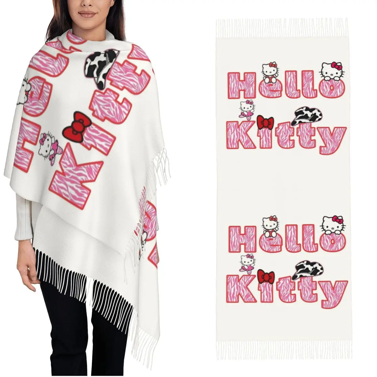 Syal Wanita Hangat Lembut Motif Hello Kitty Y2K Anime dengan Rumbai, Selendang Mewah Bermerek dan Syal Musim Dingin Bermotif Bandana