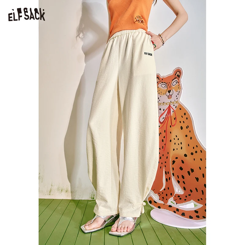 ELFSACK 2024 Summer New Chinese Button Tie Feet White Casual Pants for Women