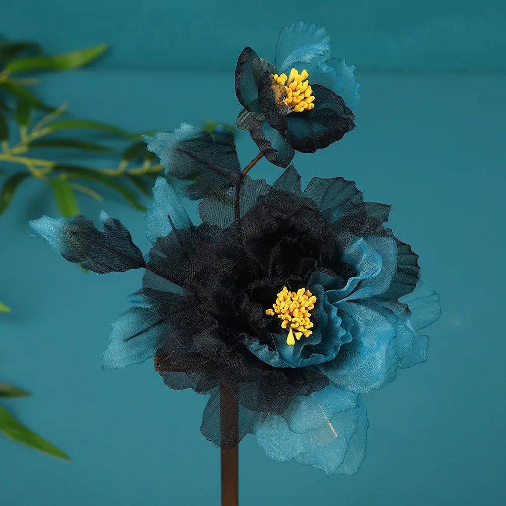 2024 New Original Design Handmade Antique High-grade Blue and Black Contrasting Colors Peony Hot Flower Hairpin Hanfu Headdress