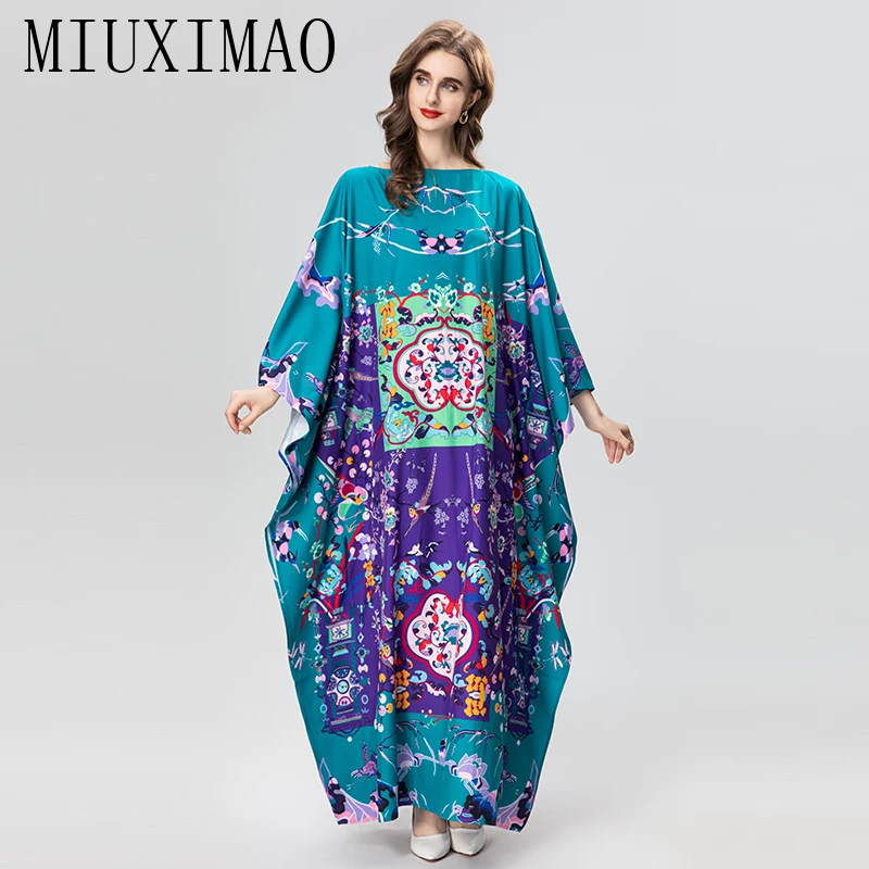 

MIUXIMAO 2023 Plus Size Dress O-neck Batwing Sleeve Bohemian Flower Maxi Dress Women Abstract Pattern Print Kaftan Dress