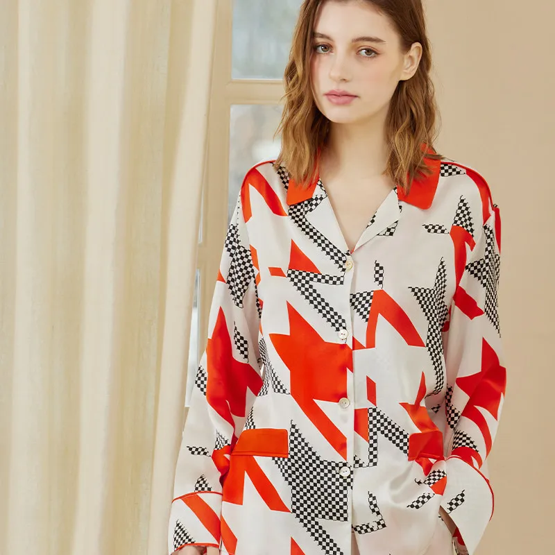 

Пижамный комплект из 100% тутового шелка, состоящий из двух частей, женские брюки с длинными рукавами, модный контрастный цвет, элегантная одежда для дома с принтом «гусиные лапки»