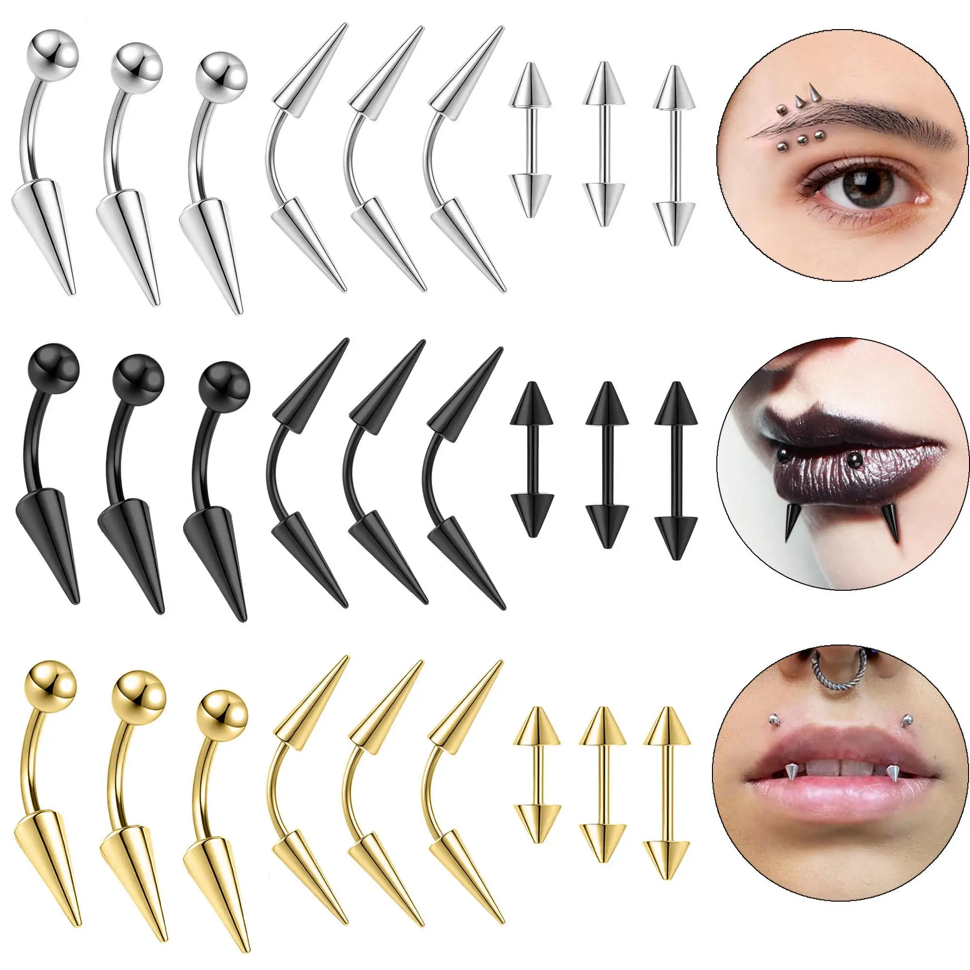 1piece 16G Stainelss Steel Eyebrow Ring For Men Women Long Spike Curved Nose Bridge Piercing Cone Lip Labret Piercings 3 Colors