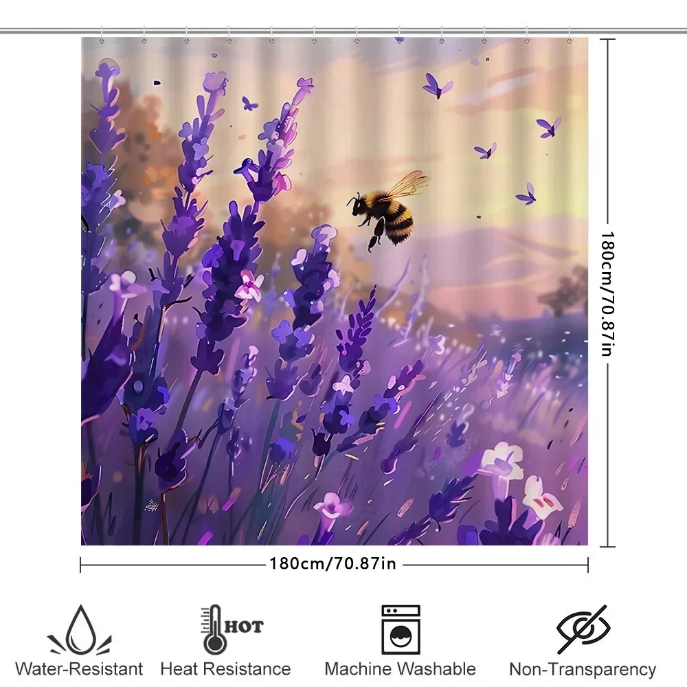 ~O~Lavender Field Sunset Bee Dance Shower Curtain - Artistic Purple Flowers and Warm Glow for Your Bathroom  Waterproof Polyeste