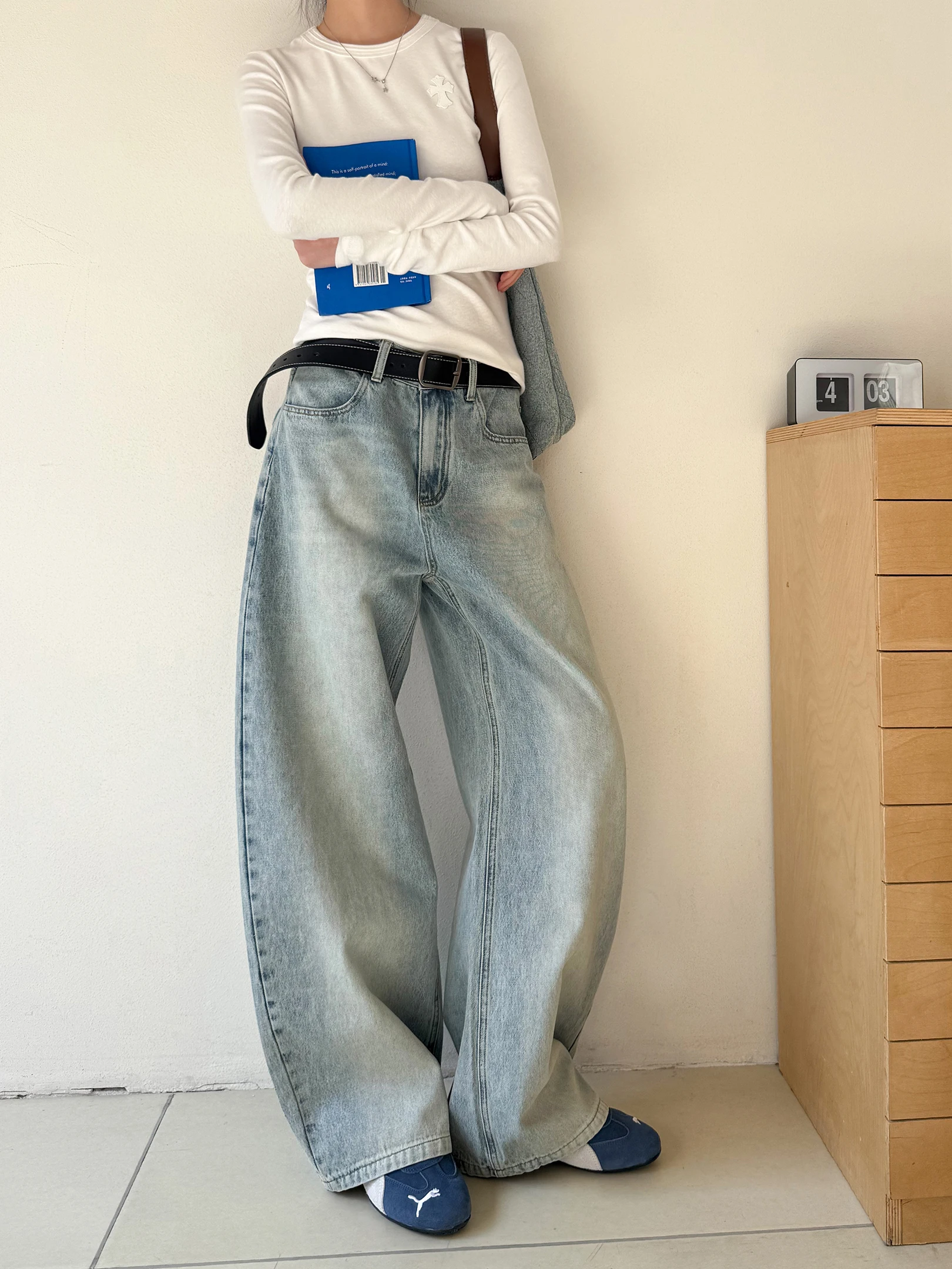 

Свободные повседневные корейские джинсы с высокой талией из хлопка, универсальные, на весну-лето-осень, свободного кроя, классические синие джинсовые брюки для женщин