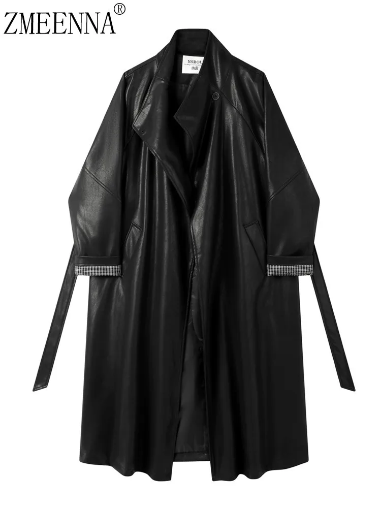 

ZMEENNA женский плащ из искусственной кожи, длинная куртка большого размера с поясом и клетчатыми манжетами, осенняя верхняя одежда ZM4284