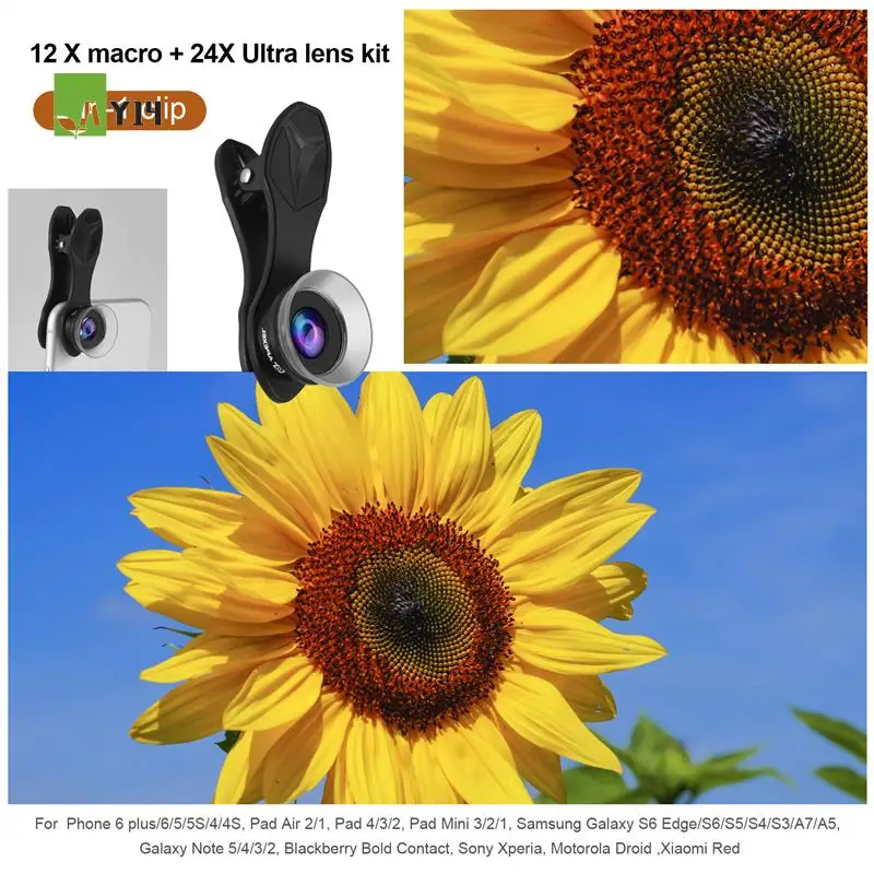 AY14 -Apexel Phone Lens 2 In 1 Clip-On 12 X Macro + 24 X Super Macro Lens Kit For Iphone 7/6S / 6S Plus Ios Android Smartphones