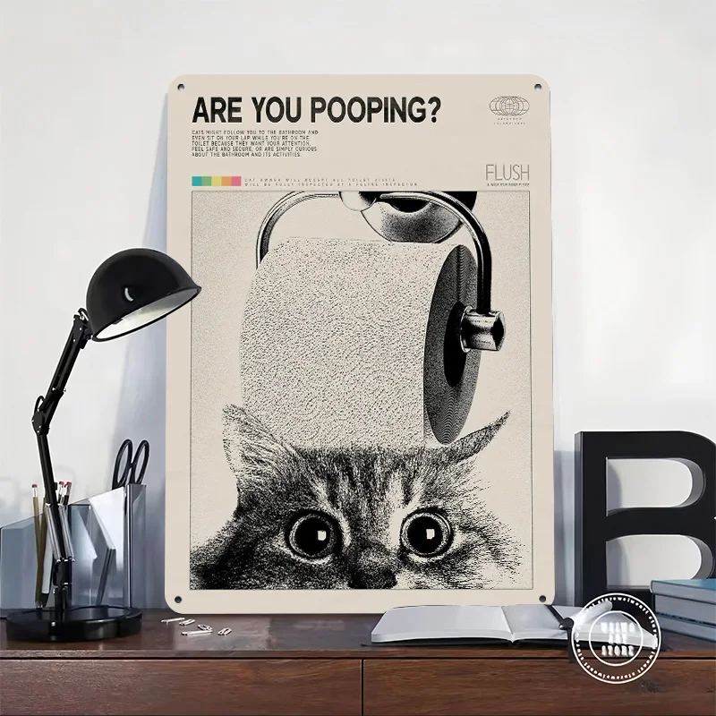 Are You Pooping? Funny Cat Bathroom 3D Printed Texture Poster Personalized Wall Art Retro Metal Tin Signs for Decoration Garage