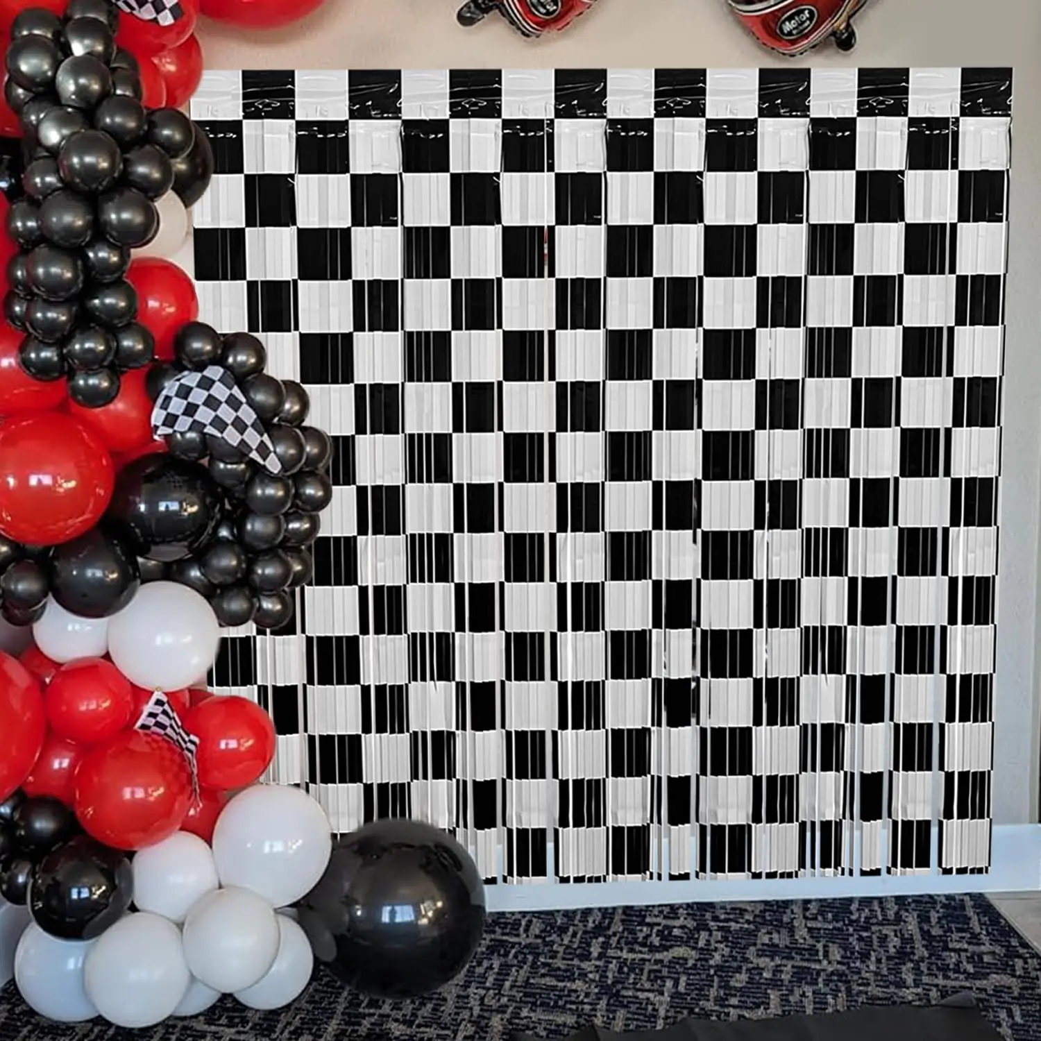 Decoración de fiesta de cumpleaños de coche de carreras, cortina de papel de aluminio a cuadros en blanco y negro, telón de fondo, cortinas con flecos de oropel metálico, accesorios para fotomatón