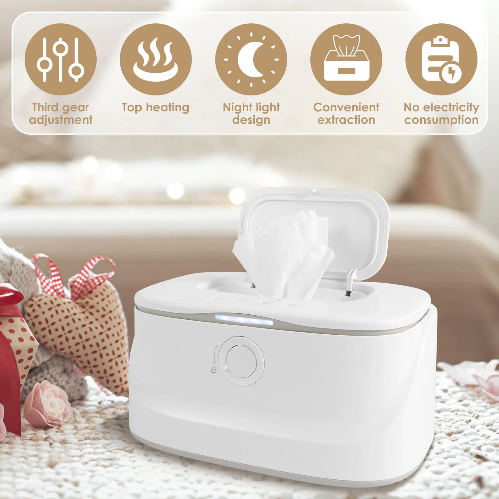 Baby Wipes Warmer Portable Baby Wipes Dispenser USB Powered 3 Temperature Heating Control Modes with LED Light for Newborn