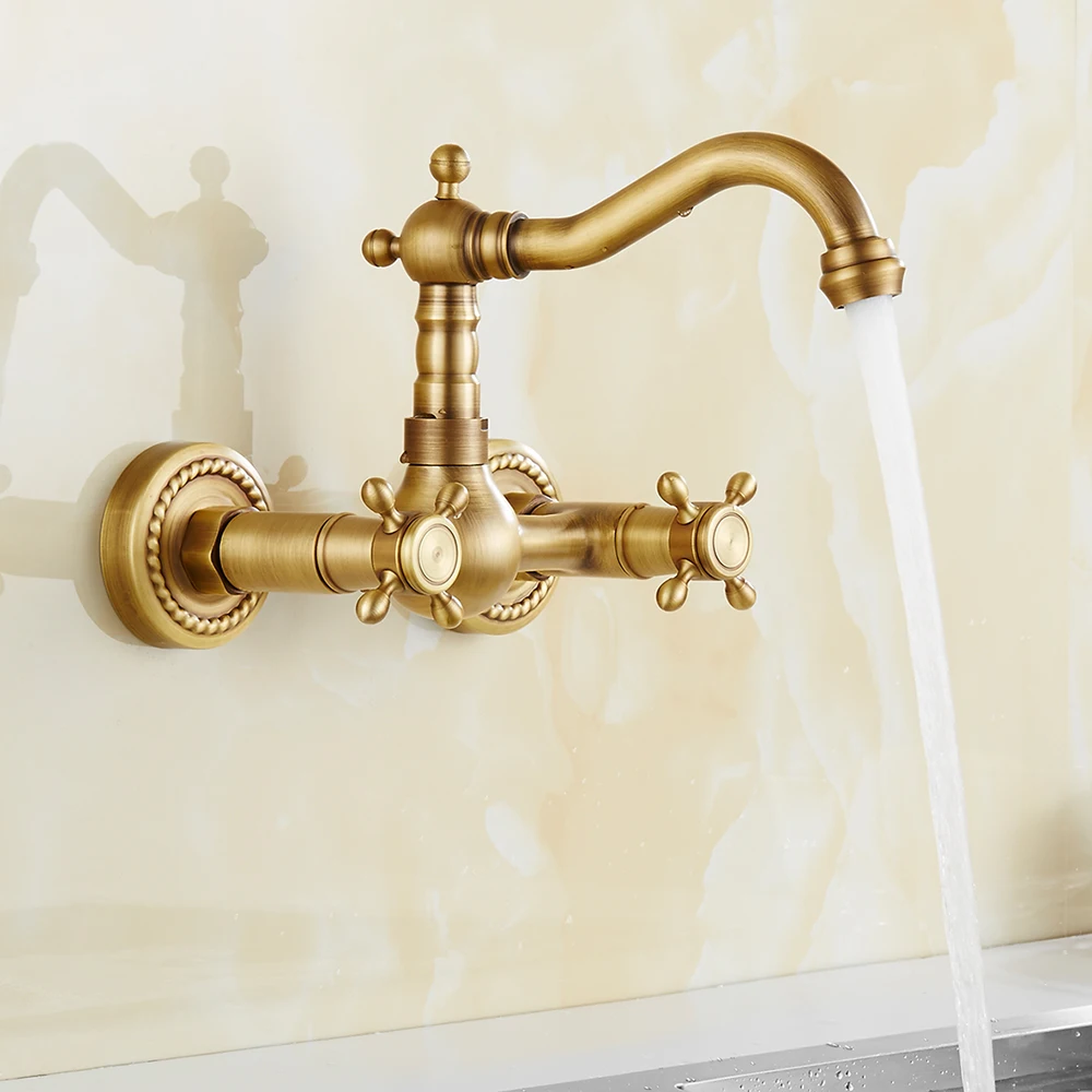 Classical Brass Kitchen Faucet Wall Mounted Dual Handle Holes Cold and Hot Water Taps Rotatable Kitchen Mixer Tap