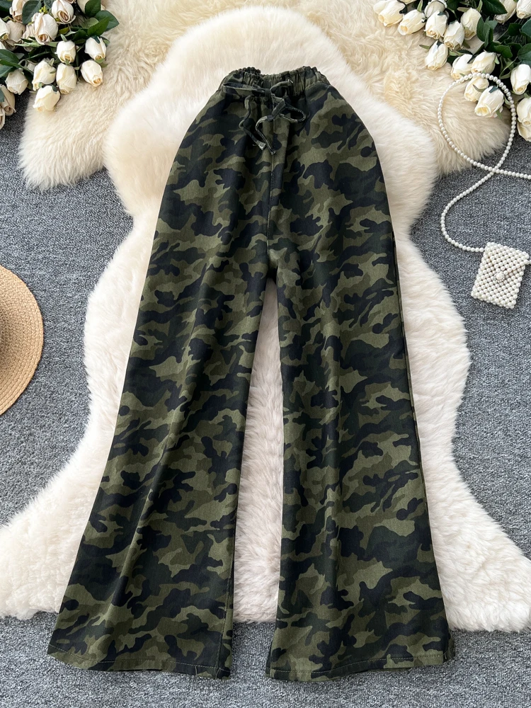 

Foamlina женские джинсовые брюки, осень 2023, новые шикарные джинсы с эластичной резинкой на талии и камуфляжным принтом, широкие прямые длинные джинсы, повседневная уличная одежда