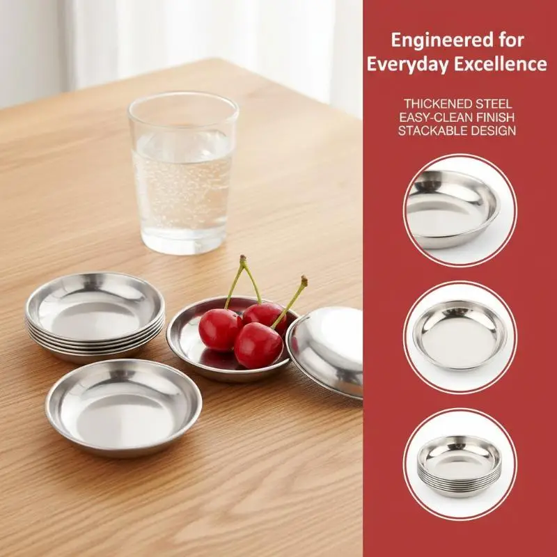 Round Stainless Steel Spice Dishes 9CM Condiment Bowls for Soy Sauce Vinegar Dipping in Kitchen Cooking and Dining Scene 5/10PCS