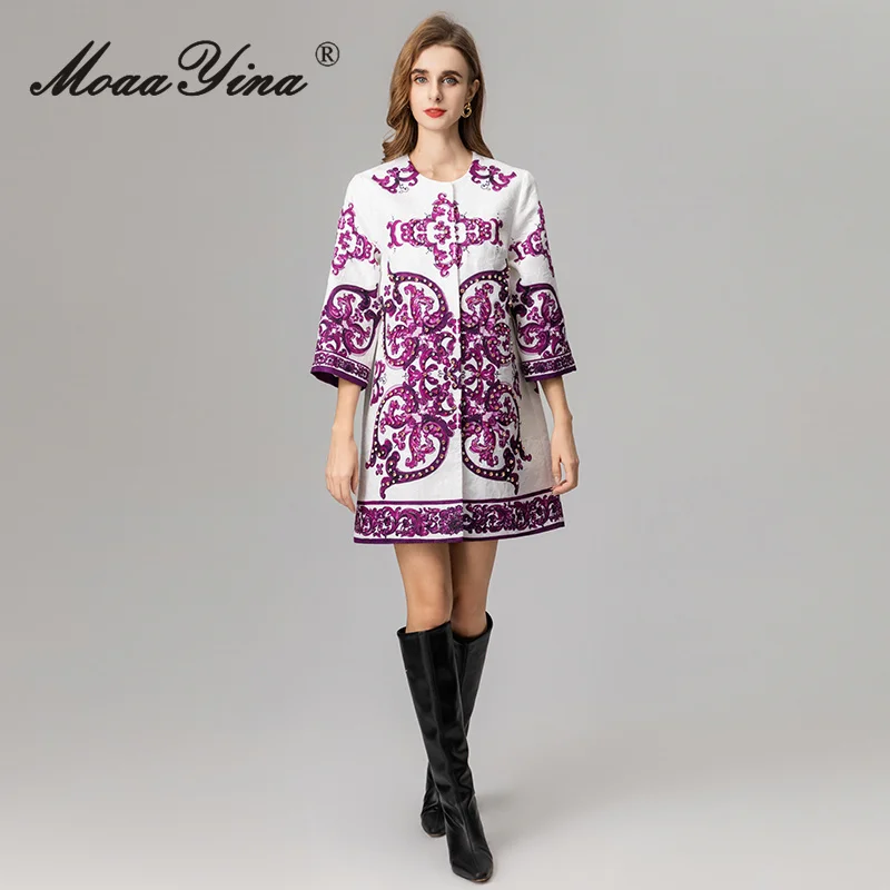 

MoaaYina 2025 Autumn/Winter Women's Coat Fashion High Quality Round Neck Long Sleeve Printed Nail Bead Windbreaker Coat