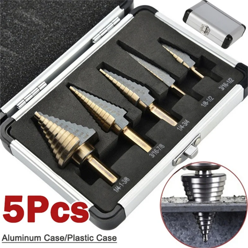 

5Pcs Step Drill Bit Straight Groove Pagoda Hole Cutter Metal Cone Drill Bit Hole Opener 3/16" 1/2" 1/4" 3/4" 1-3/8" 7/8" 1/8"