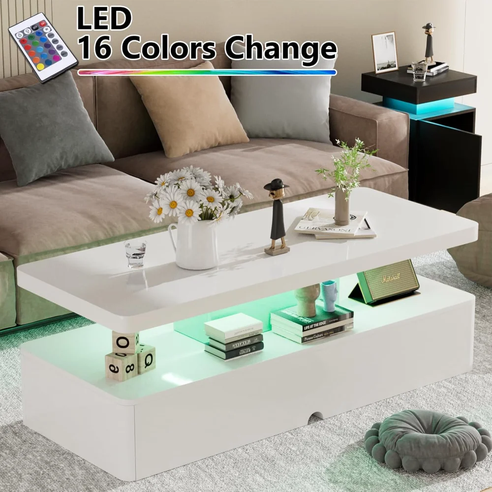 Meja Kopi Bergaya Modern dengan Lampu LED 16 Warna, Desain Dua Lapis untuk Ruang Tamu, Putih