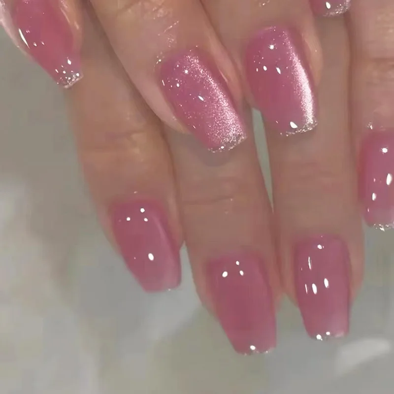 Medium fake nails for women girls Pink glossy cat eyes ballet shape nal tips full cover reusable press on false nail art set