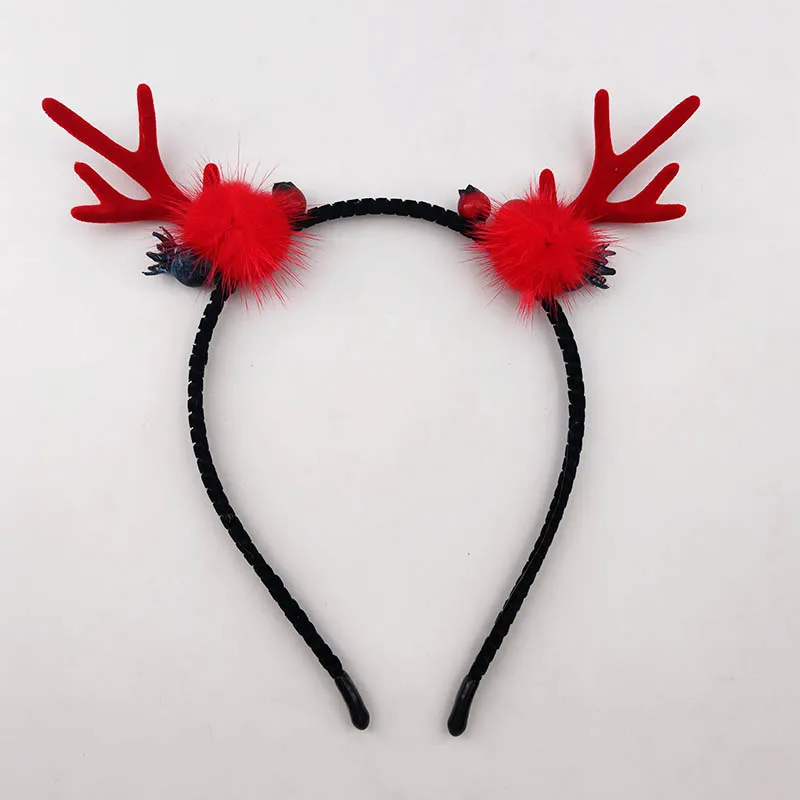 Iron Xmas Hairlace Merry Christmas Gift for Girls Boys Unisex Garnet Red Fruit Deer Antler Around Flannel Metal Hair Hoop