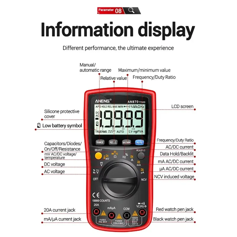 ANENG AN870 Smart Multimeter Digital Profesional 19999 Counts AC Voltage Tester Current NCV Capacitance Resistance Ohm Test Tool view 4