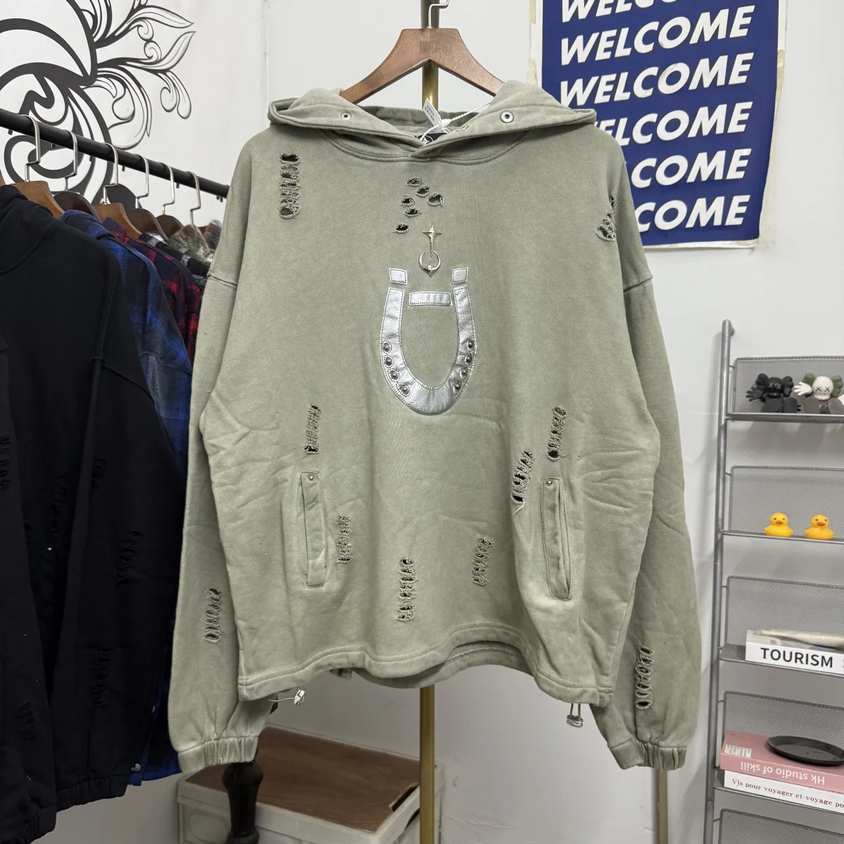 

Thug Club Star Moon с металлическими копытами и заклепками, винтажная мужская свободная повседневная толстовка с капюшоном и дизайном логотипа