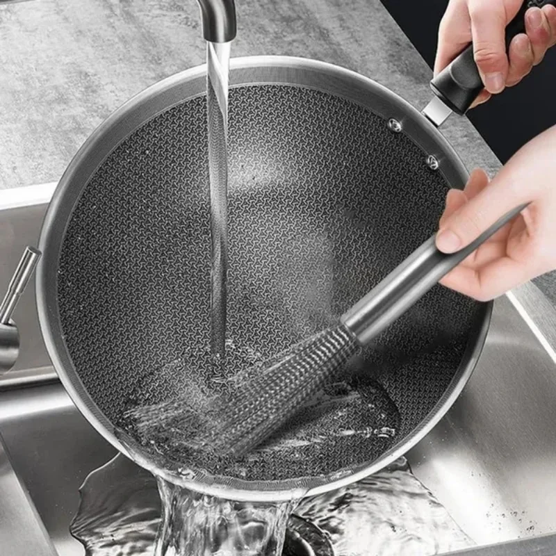 Stainless Steel Cleaning Brush Kitchen Rust Pot Cleaning Brush Ultra Strong Decontamination Brush Hangable Pan Bowl Brushes