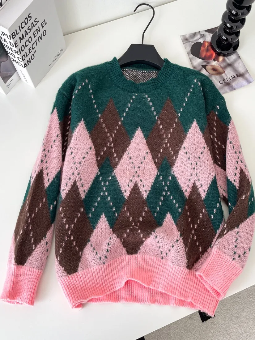 Foamlina European Diamond Round Neck Long Sleeve Knit Sweater Women Autumn Loose Flattering Street Style Relaxed Lazy Sweet Top