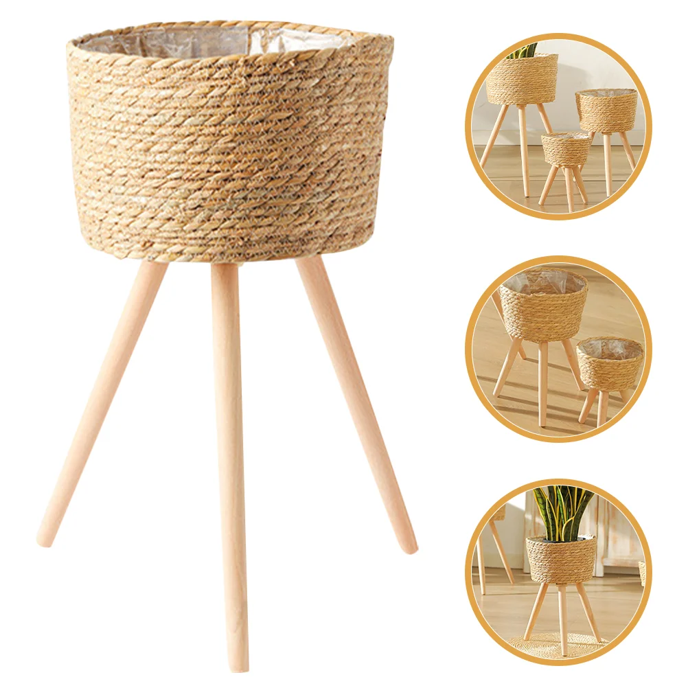 

Floor Planter Stand Woven Basket Indoor Rack Round Holder Wooden Flower Pot Shelf