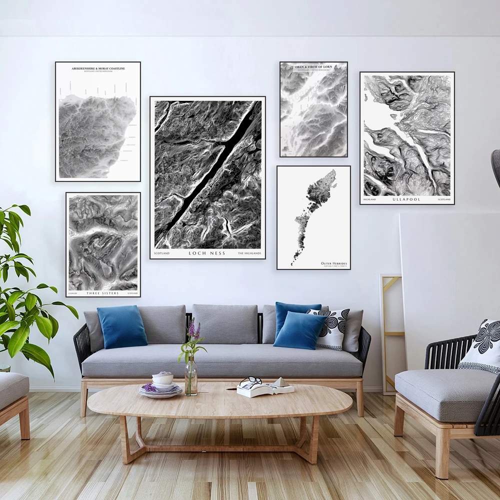 Ullacool-póster de mapa topográfico de Escocia, juguete de País de las novias exteriores de Lewis y Harris, tres hermanas de brencoe, Ross y Cromarty Coast