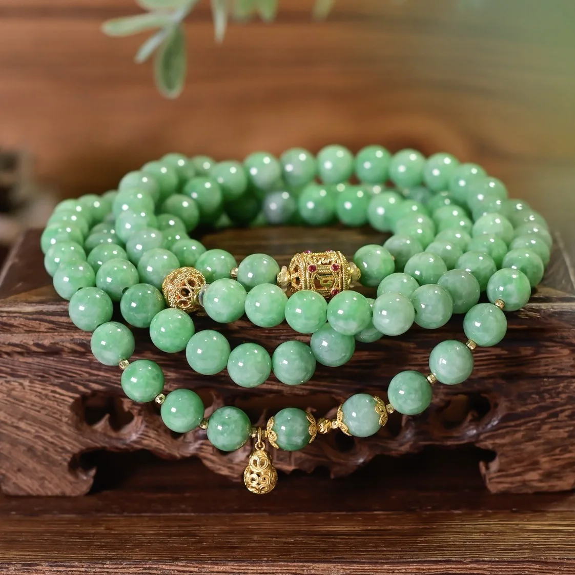 Natural Grade-A Fruit Green Jadeite Long Necklace & Bracelet, 18K Gold Versatile 2-in-1 Design, Elegant Chinese Style Jewelry